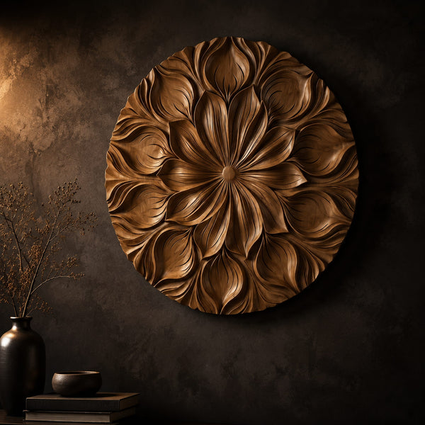Round Carved Flower Medallion Wall Art With Layered Petals