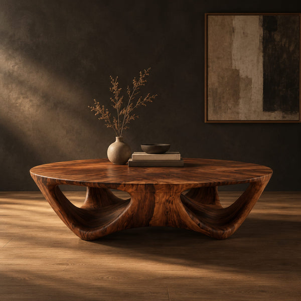 Round Coffee Table With A Flared Base And Scooped Arch Openings