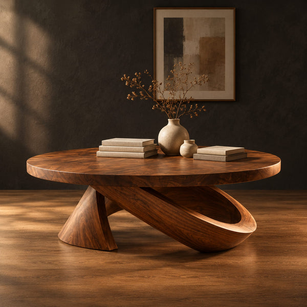 Round Coffee Table With Cone Foot And Tilted Open Loop Base