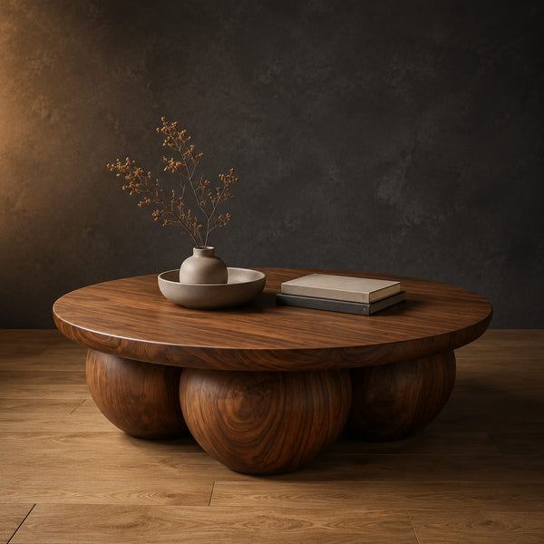 Round Coffee Table With Three Ball Base And Thick Top