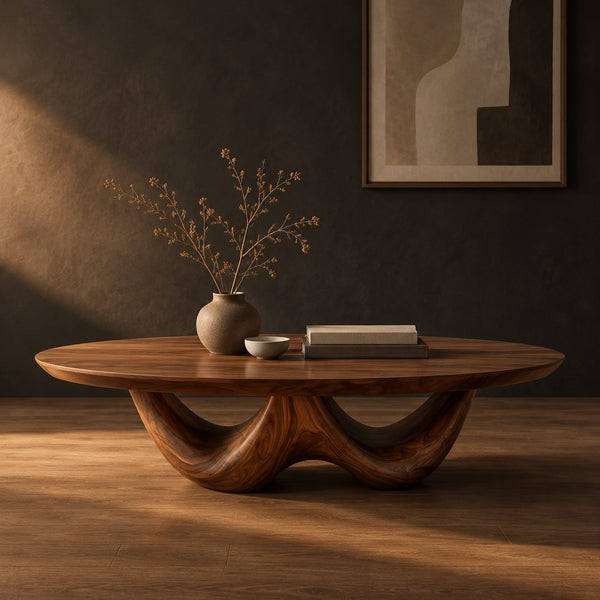 Round Coffee Table With Twin Arch Sculpted Base And Thick Top