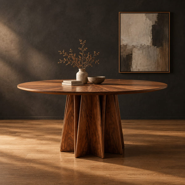 Round Dining Table With Sunburst Top And Star Shaped Pedestal