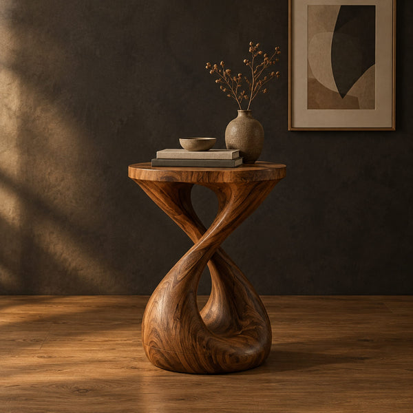 Round Twisted Pedestal Side Table With Open Loop Base