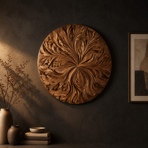 Round Wall Art With Swirling Carved Petal Relief