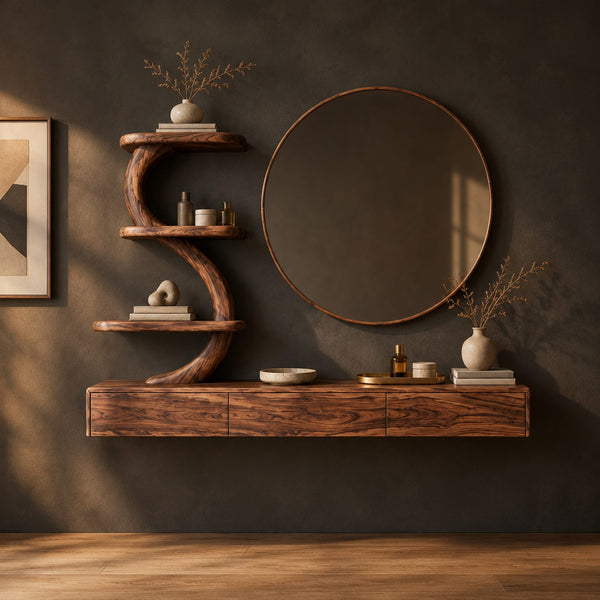 S Curve Makeup Vanity With Sculpted Shelves And Long Top