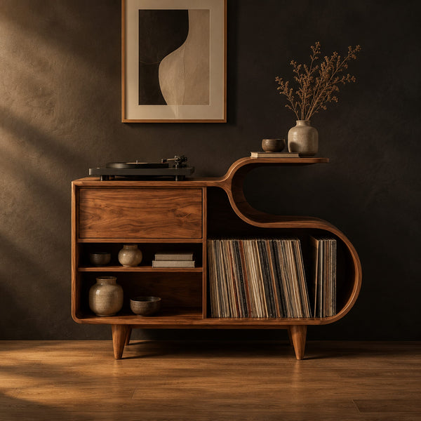 S Curve Record Player Stand With Open Record Bay And Tapered Legs