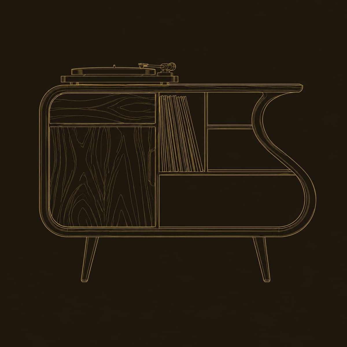 S Shaped Record Player Stand With Door And Open Shelves dimension diagram