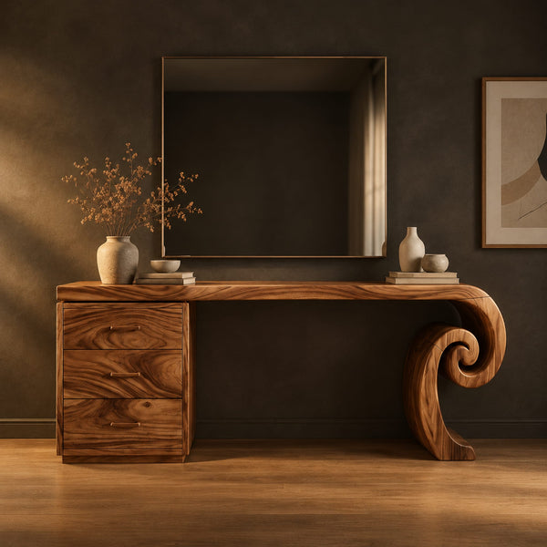 Scroll End Makeup Vanity Desk With Spiral Leg And Three Drawers