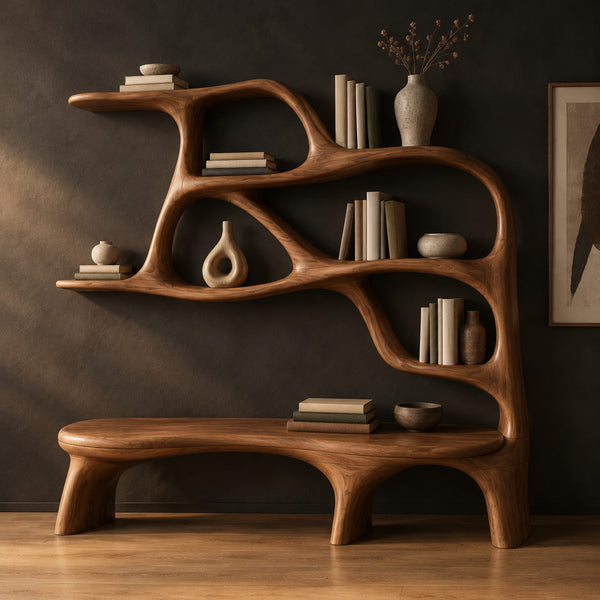 Sculpted Bookshelf With Integrated Bench Seat And Open Shelves