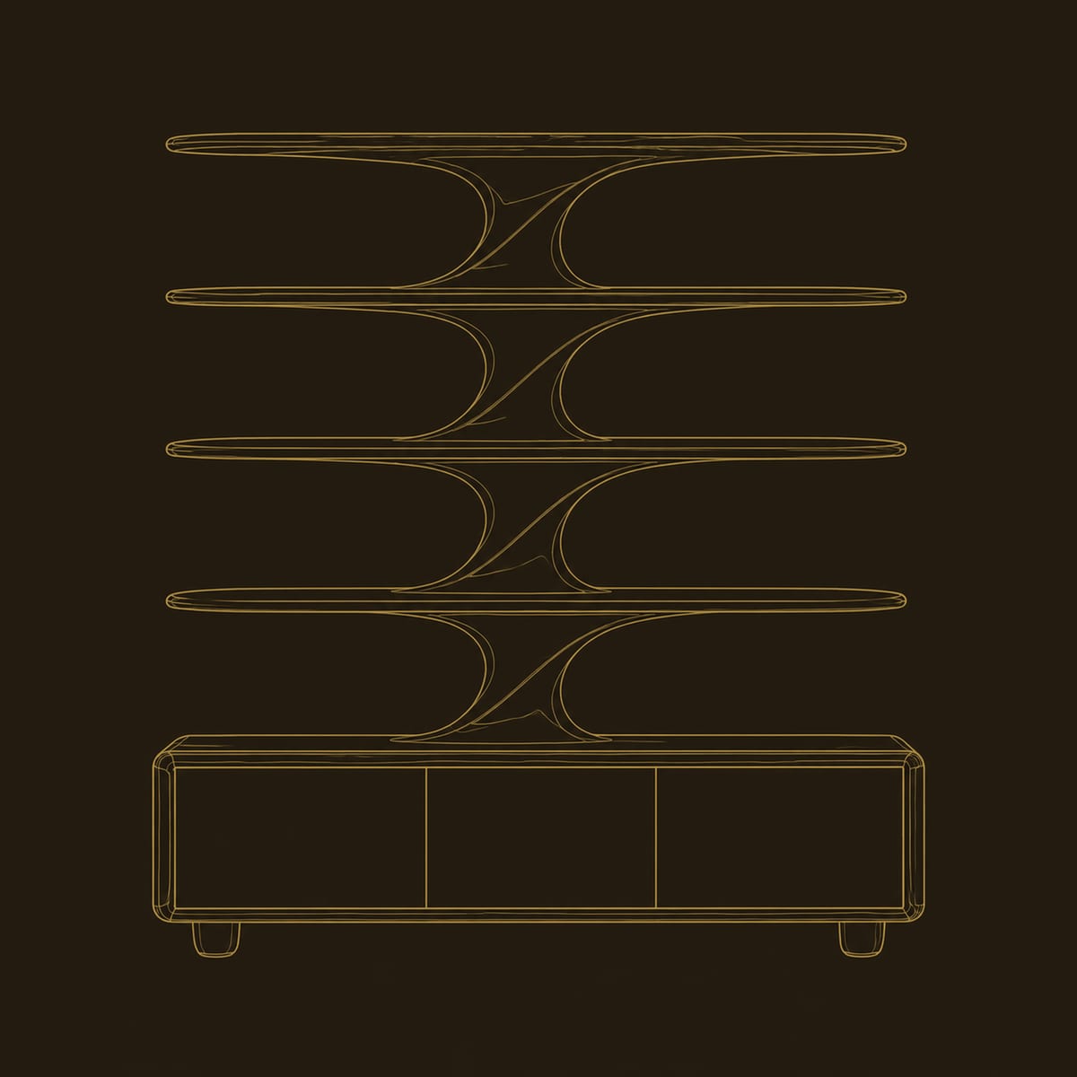 Sculpted Flared Tier Bookshelf With Three Panel Low Base dimension diagram