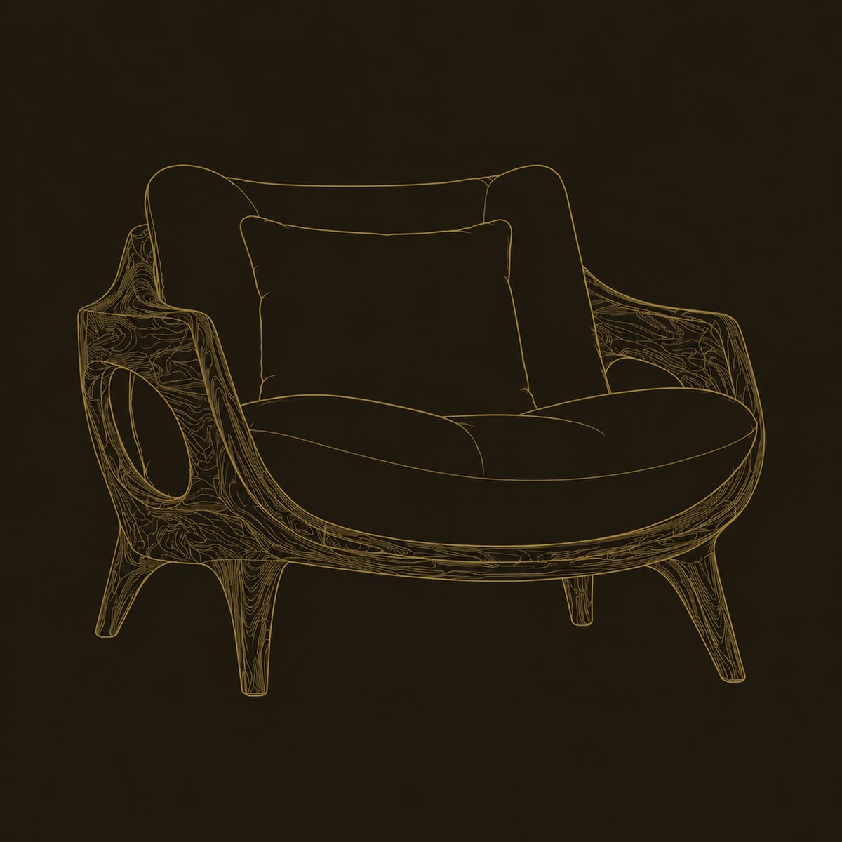 Sculpted Lounge Chair With Open Side Frame And Cream Cushions dimension diagram