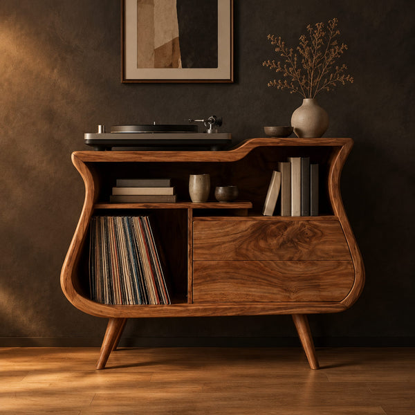Sculpted Record Console With Bowed Sides And Tapered Legs