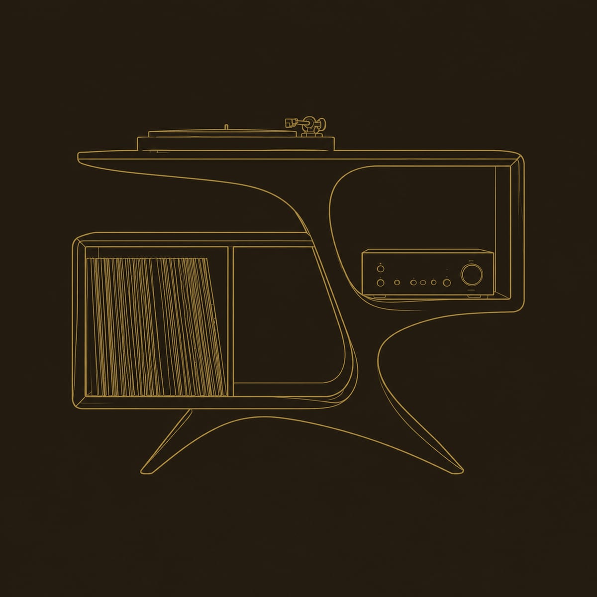 Sculpted Record Console With Swooping Legs And Open Bays dimension diagram