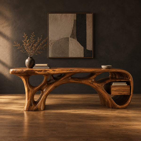 Sculpted Root Base Desk With Flowing Top And Side Niche