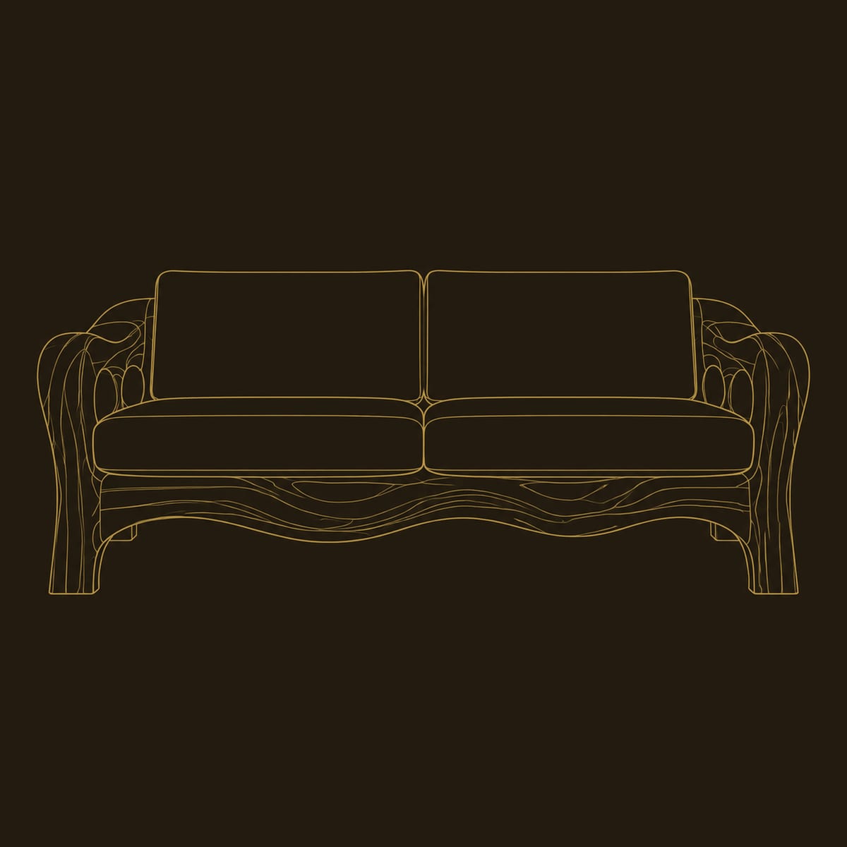 Sculpted Sofa With Open Loop Arms And Wavy Wood Frame dimension diagram