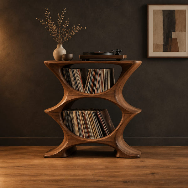 Sculpted Turntable Stand With Two Oval Openings And Flared Feet