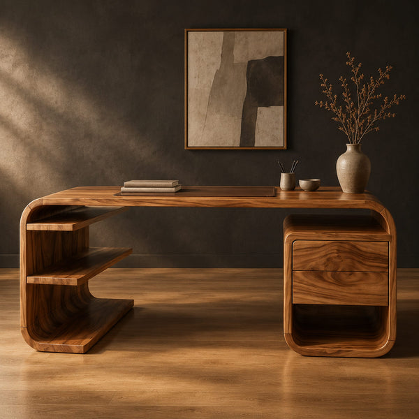 Sculpted Waterfall Desk With Open Shelves And Drawer Pedestal