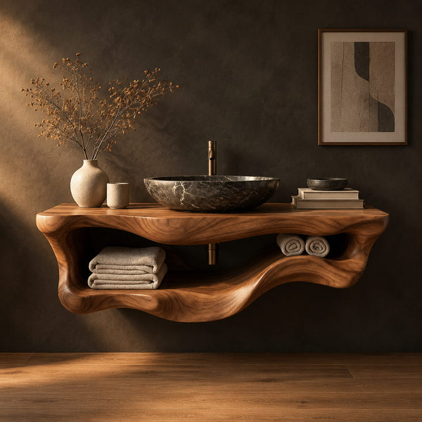 Sculpted Wavy Floating Bathroom Vanity With Open Shelf Below