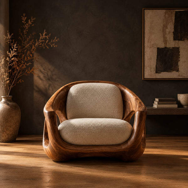 Sculpted Wood Shell Chair With Open Sides And Soft Cushions