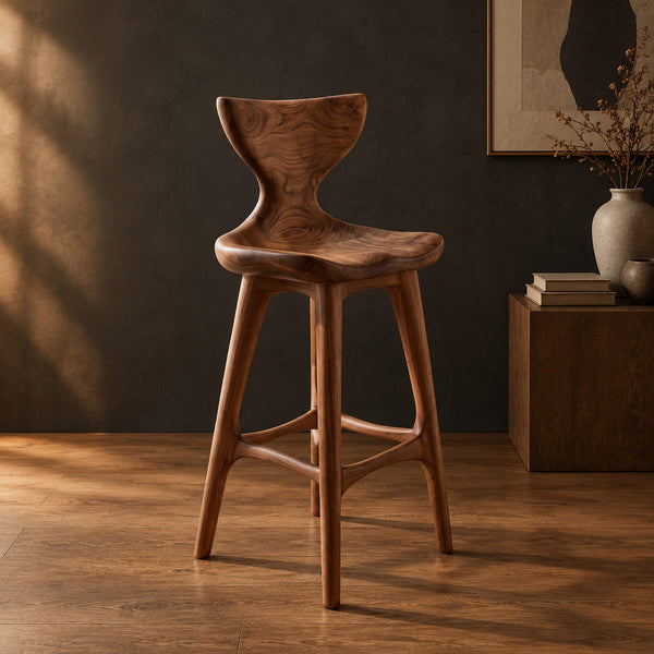 Sculptural Bar Stool With Winged Back And Dished Saddle Seat