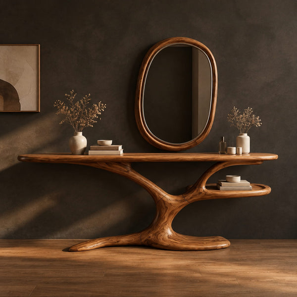 Sculptural Makeup Vanity With Branch Pedestal And Oval Shelf