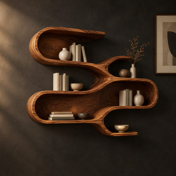 Sculptural Wall Shelf With Three Winding Open Tiers