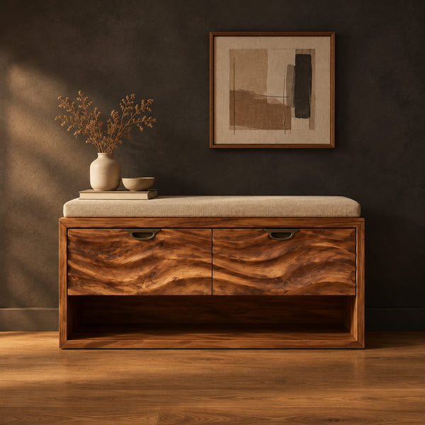 Shoe Bench With Wave Carved Front Panels And An Open Lower Shelf