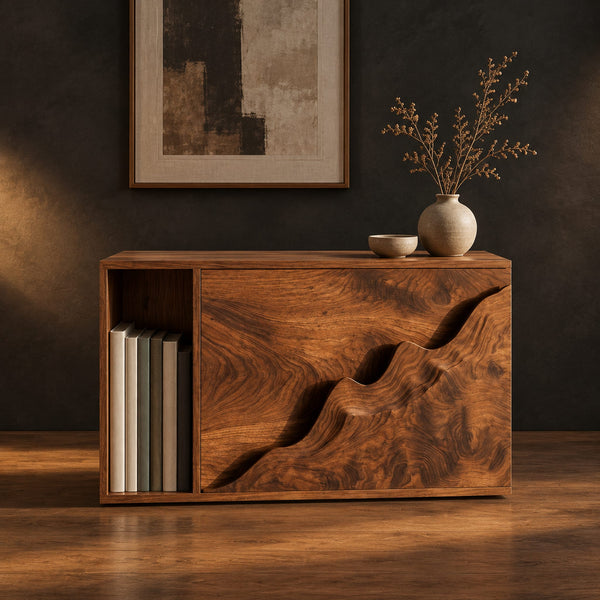 Side Table With Carved Ridge Front Panel And Open Book Slot