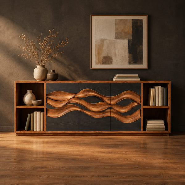 Sideboard With Sculpted Wave Doors And Open End Shelves
