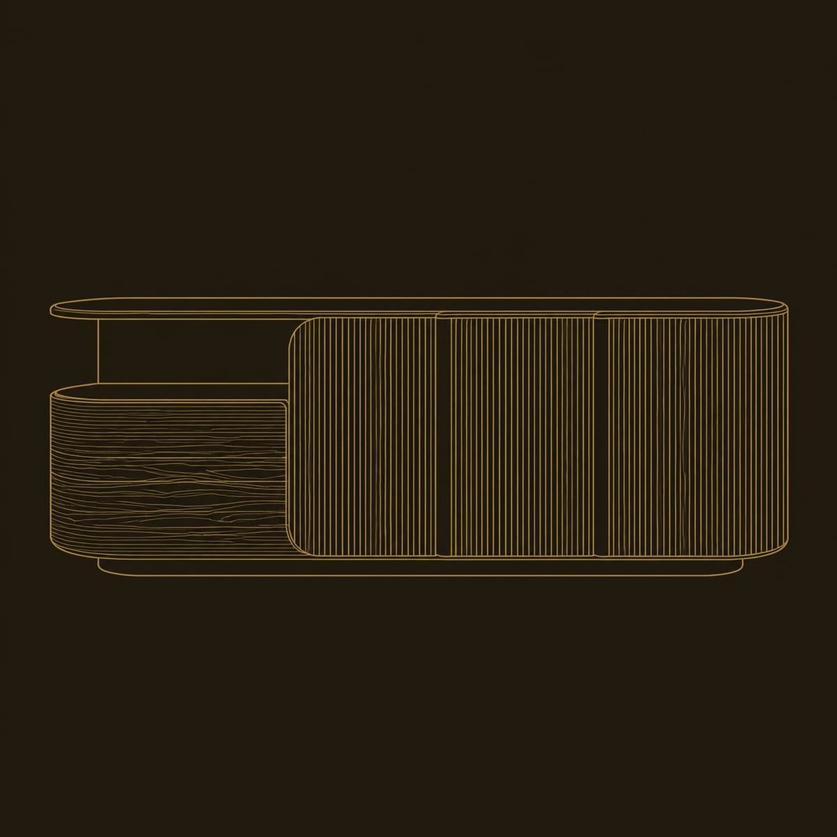 Sideboard With Three Grooved Front Panels And Stepped Left End dimension diagram