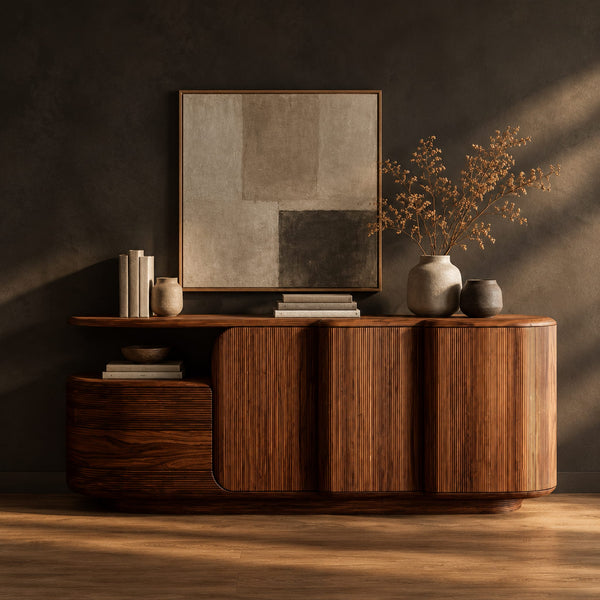 Sideboard With Three Grooved Front Panels And Stepped Left End
