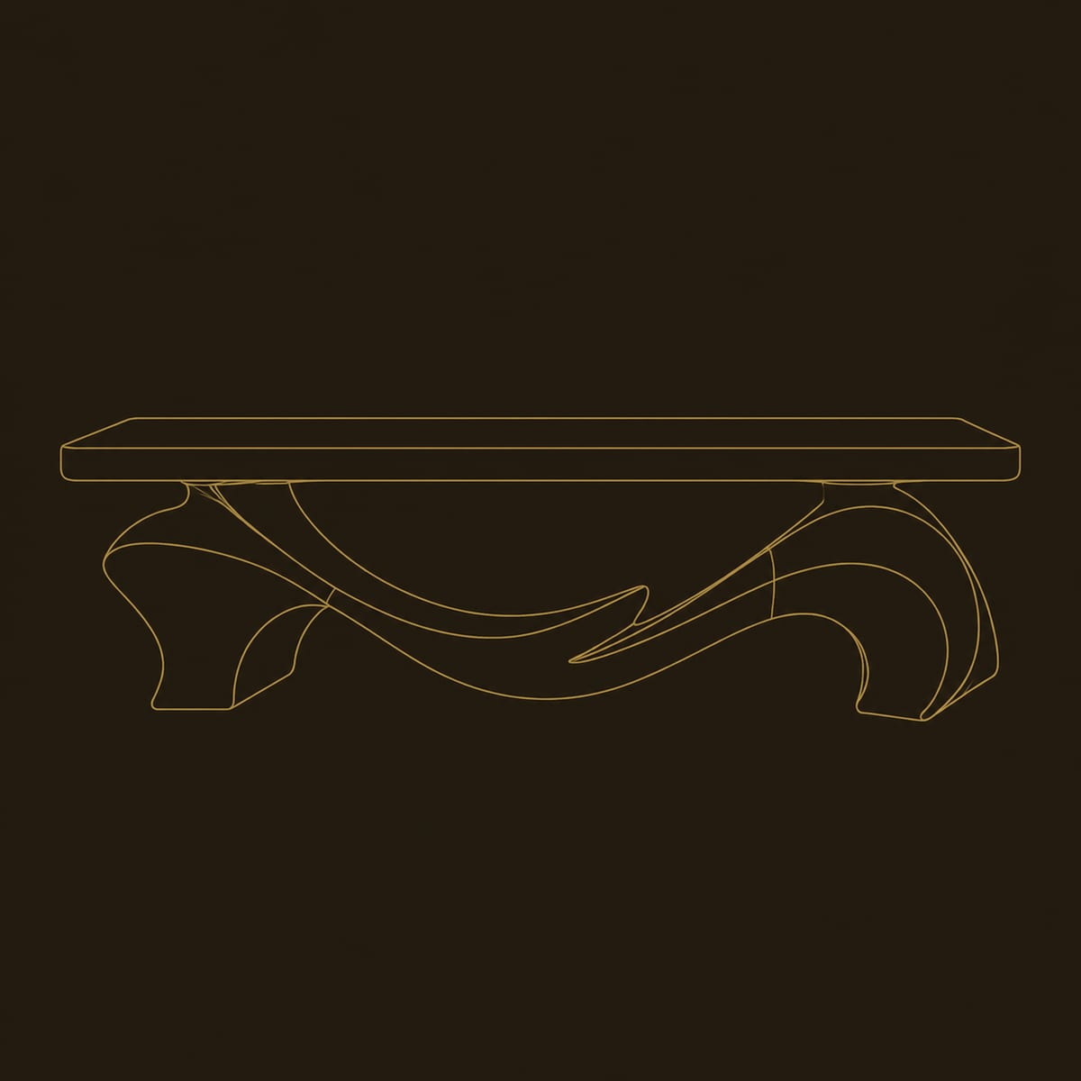 Slab Top Coffee Table With Swooping Wave Curl Base dimension diagram