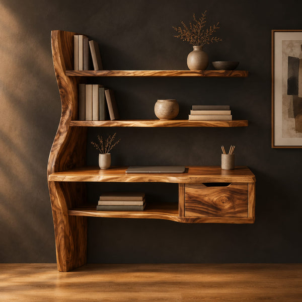 Slab Top Desk With Wavy Side Upright And Two Shelves Above