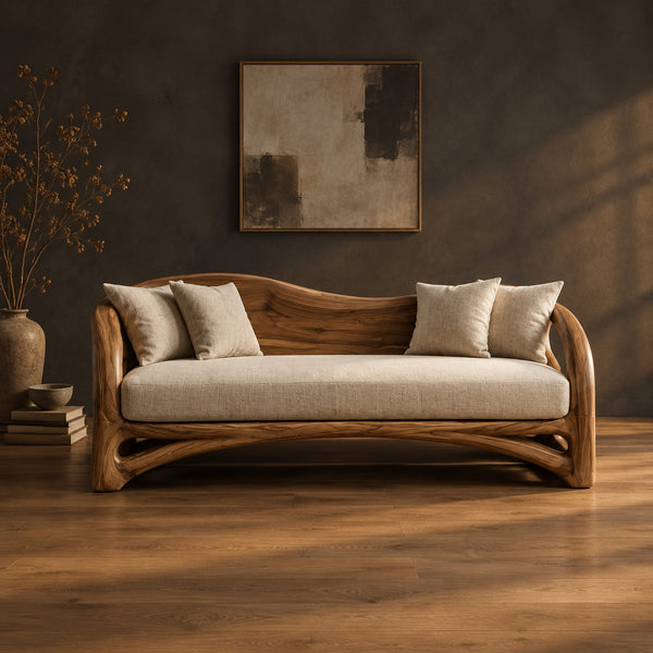 Sofa With Wavy Solid Wood Back And Carved Open Frame