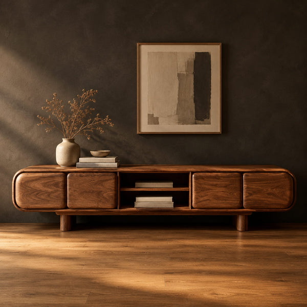 Soft Edged TV Stand With Four Panel Fronts And Open Center Shelf