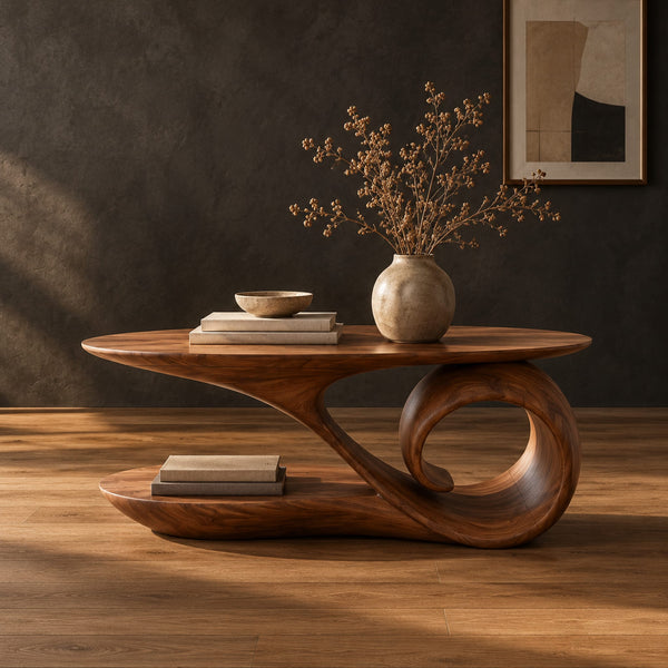 Spiral Curl Coffee Table With Swept Oval Top And Base Shelf