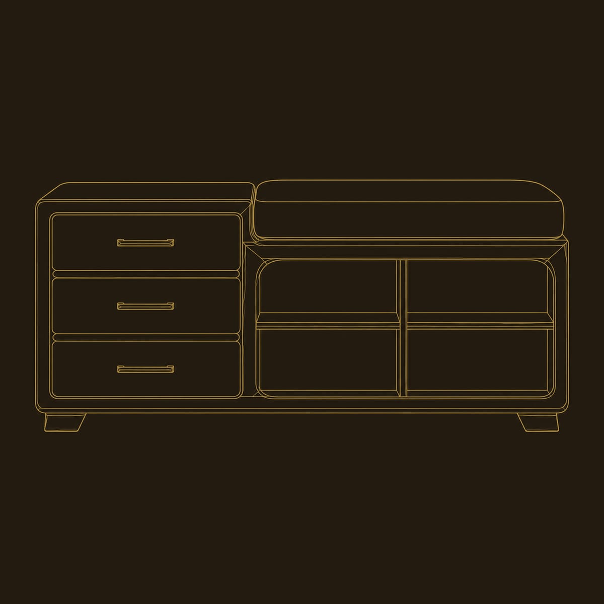 Storage Bench With Three Drawers, Open Cubbies, Cushioned Seat dimension diagram