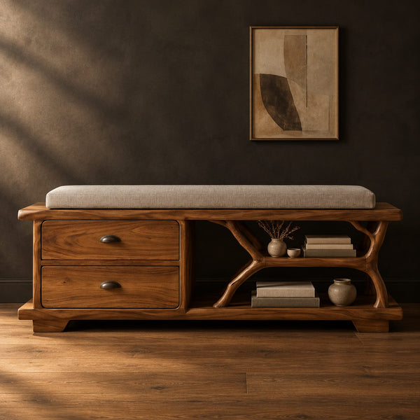 Storage Bench With Two Drawers And Branch Shaped Open Shelf