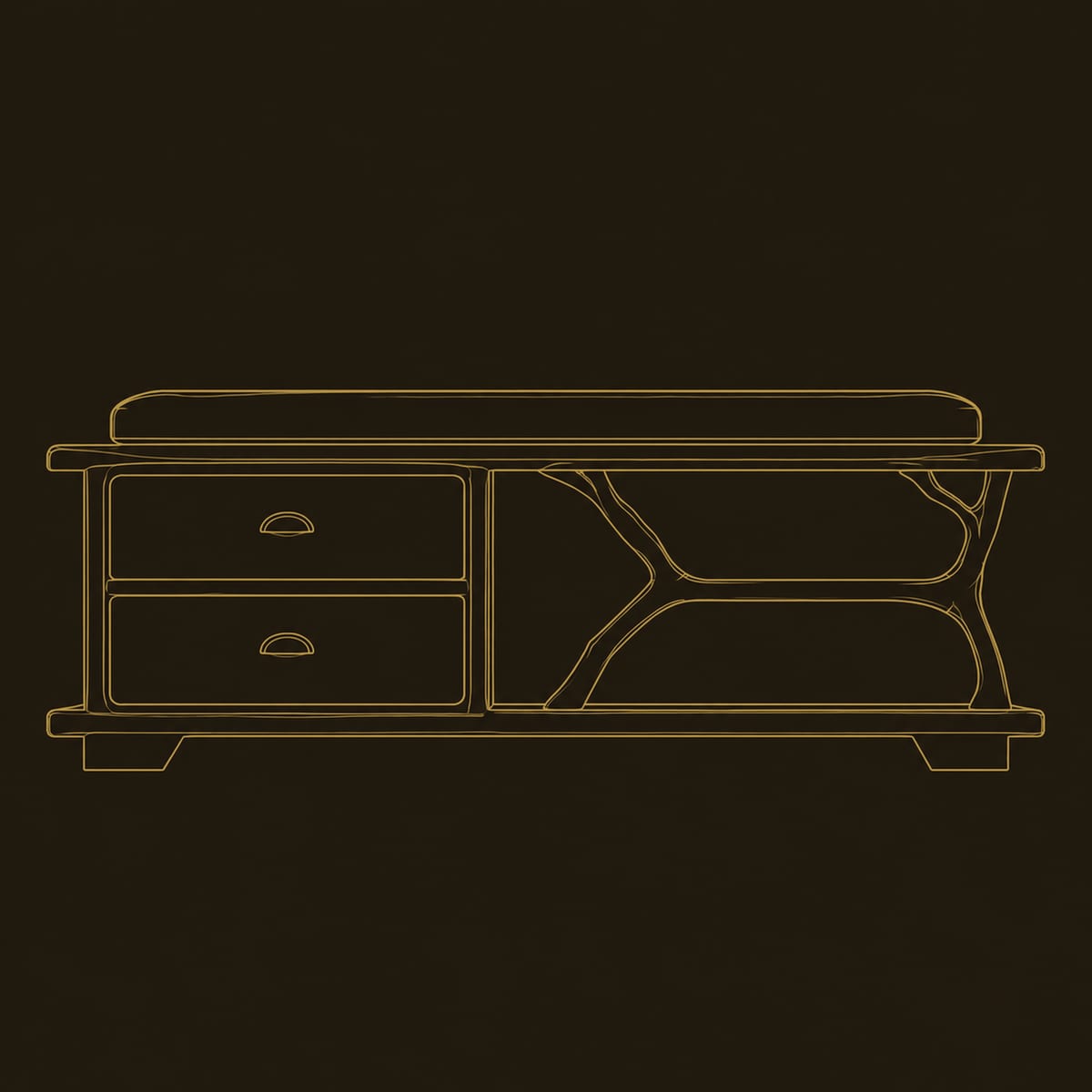 Storage Bench With Two Drawers And Branch Shaped Open Shelf dimension diagram
