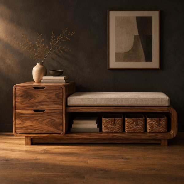 Storage Bench With Two Drawers, Cushioned Seat And Open Shelf