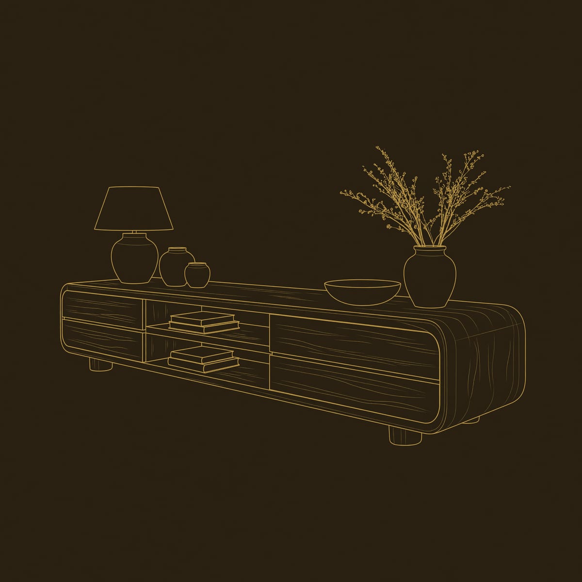 Streaked Grain TV Console for a Living Room on Round Feet dimension diagram