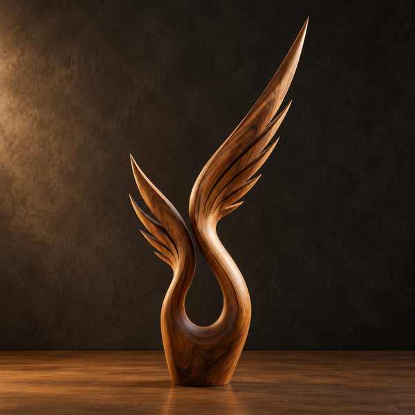 Swept Wing Wood Sculpture With Feather Lines And Open Loop