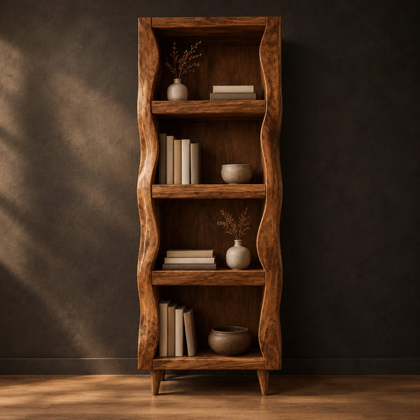 Tall Bathroom Cabinet With Wavy Sides And Four Open Shelves