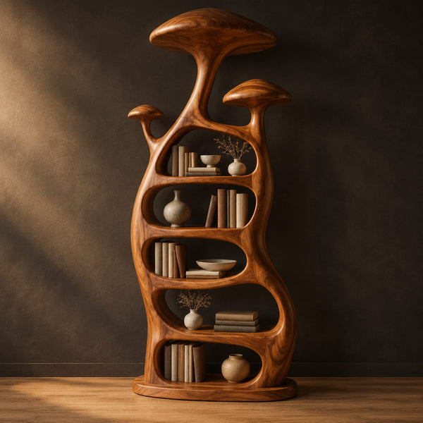 Tall Mushroom Cap Bookshelf With Stacked Oval Shelf Bays