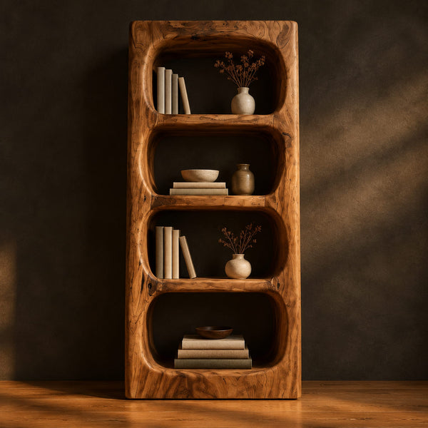 Tall Open Shelf Cabinet With Four Carved Niches