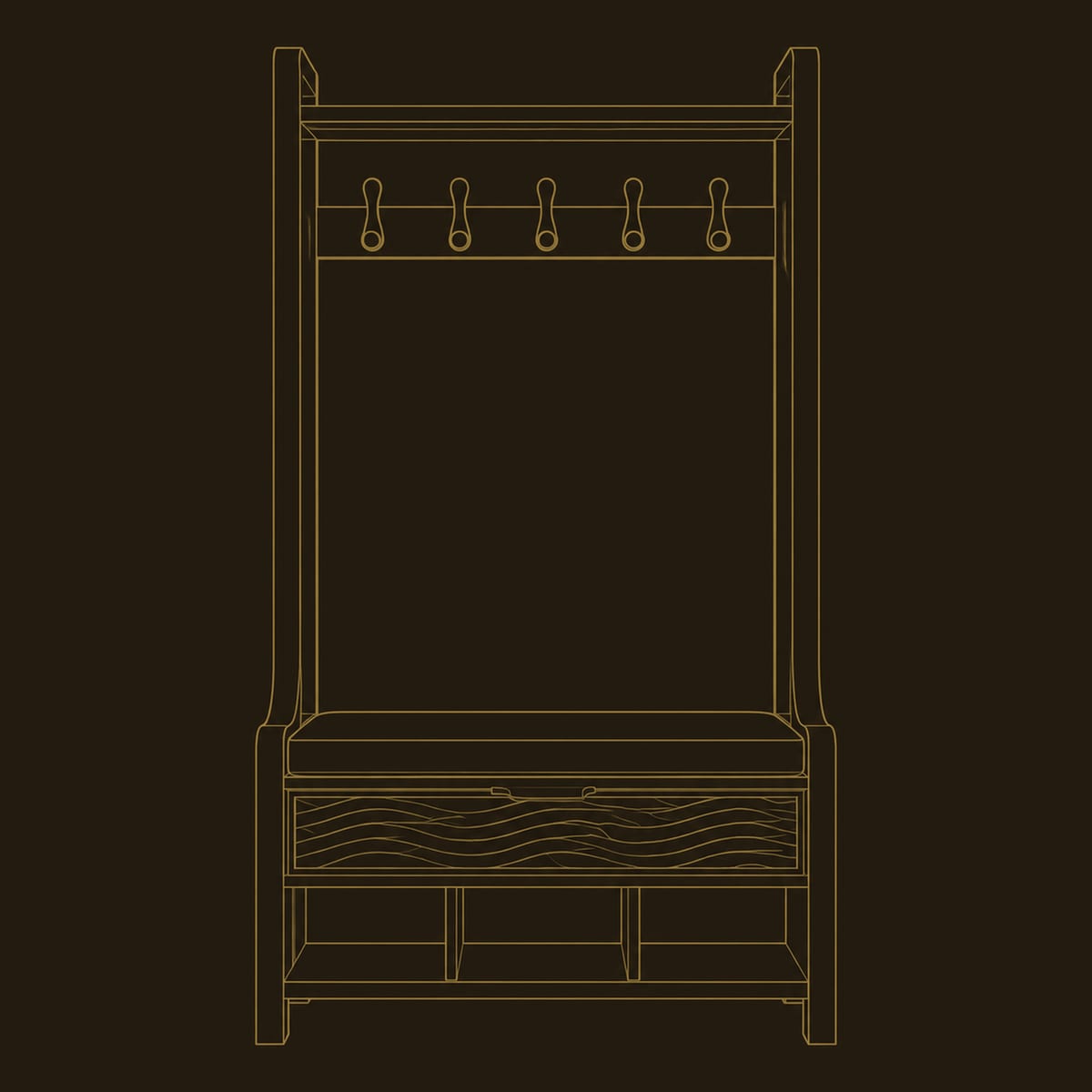 Tall Storage Bench With Coat Hooks And Carved Wave Front dimension diagram