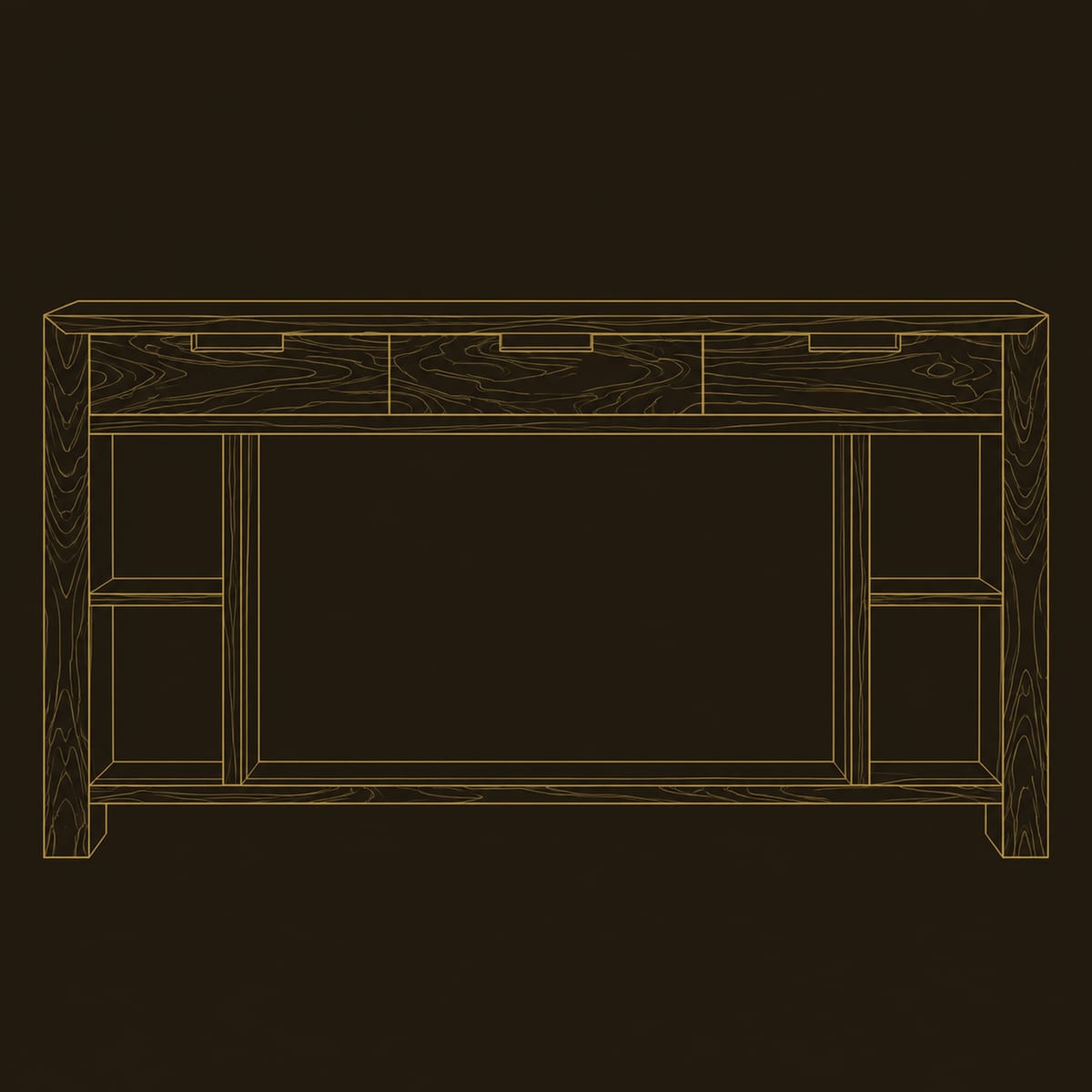Three Drawer Console Table With Open Side Cubbies And Lower Shelf dimension diagram