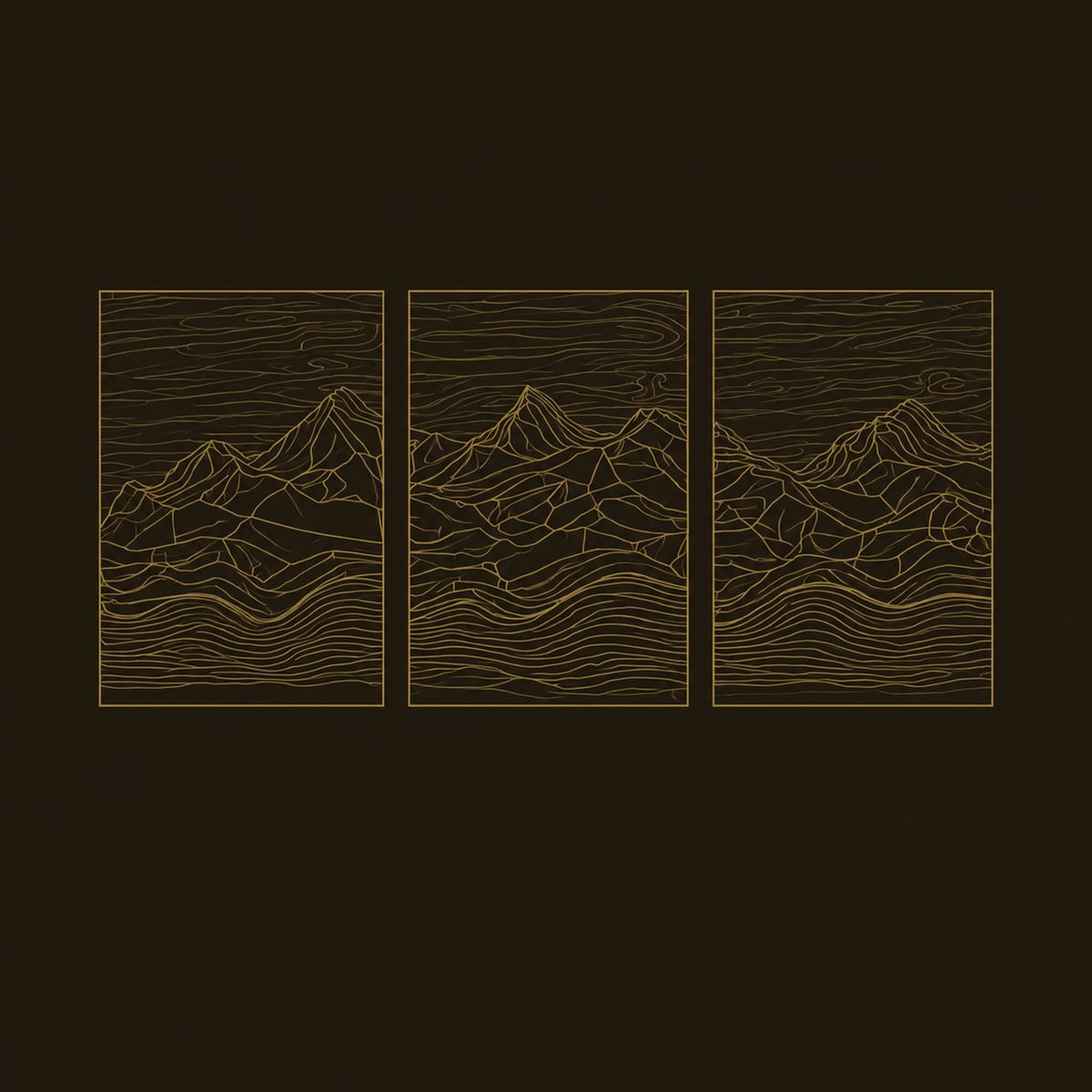 Three Panel Carved Mountain Range Wall Art With Dark Wave Lines dimension diagram