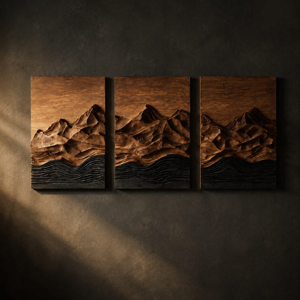 Three Panel Carved Mountain Range Wall Art With Dark Wave Lines