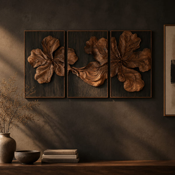 Three Panel Floral Relief Wall Art With Deep Carved Petals